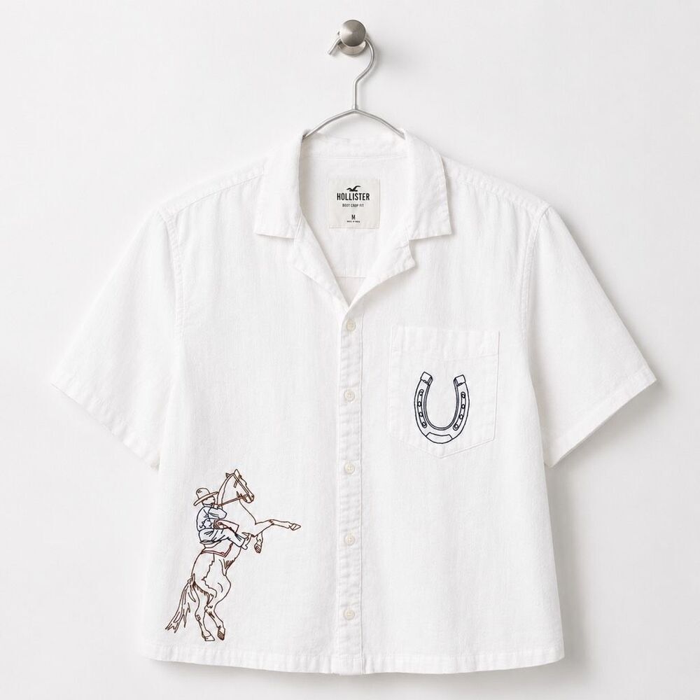 Hollister Boxy Crop Linen Blend Embroider Western Ranch Shirt White M Button Up